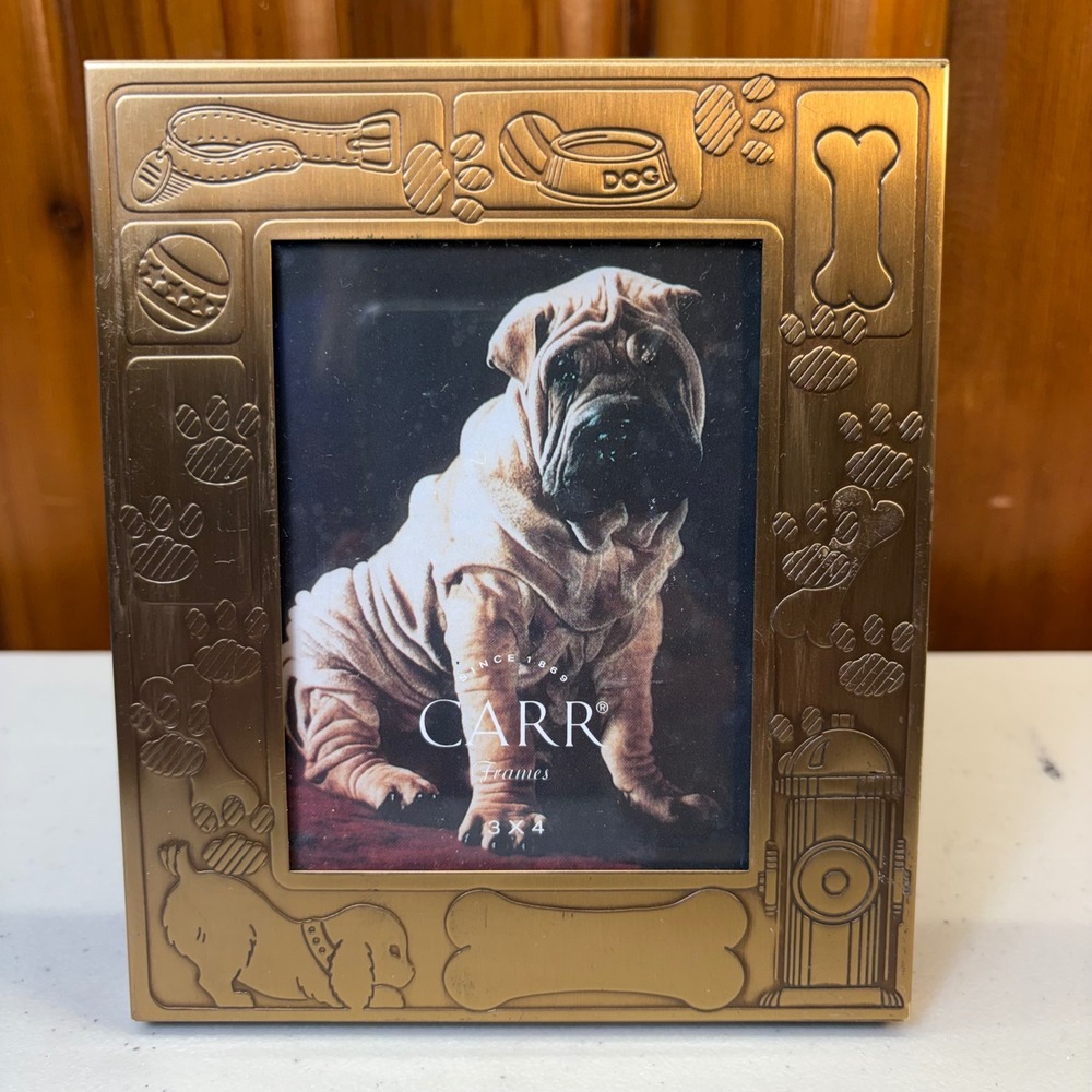 Carr Frames Brass Dog Theme Embossed 3x4 Picture Frame Paw Prints Bones Hydrant